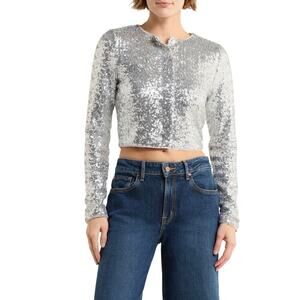 NWT Medium Good American Cluster Sequin Cropped Cardigan Metallic Silver Sparkle